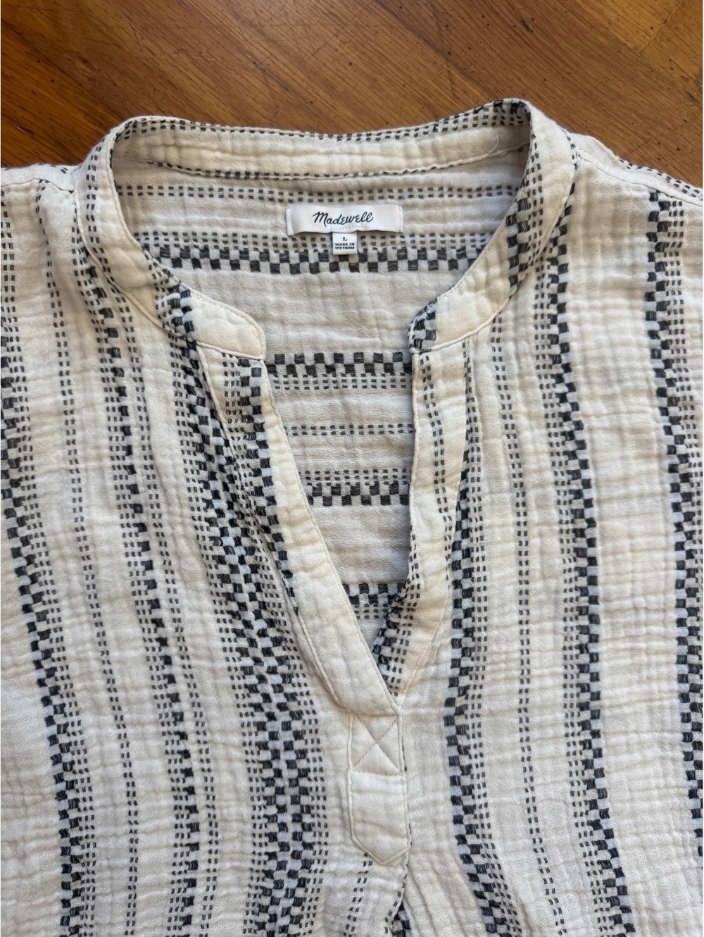 Madewell Cream & Black Striped Double Gauze Short Sleeve Henley Top Size L